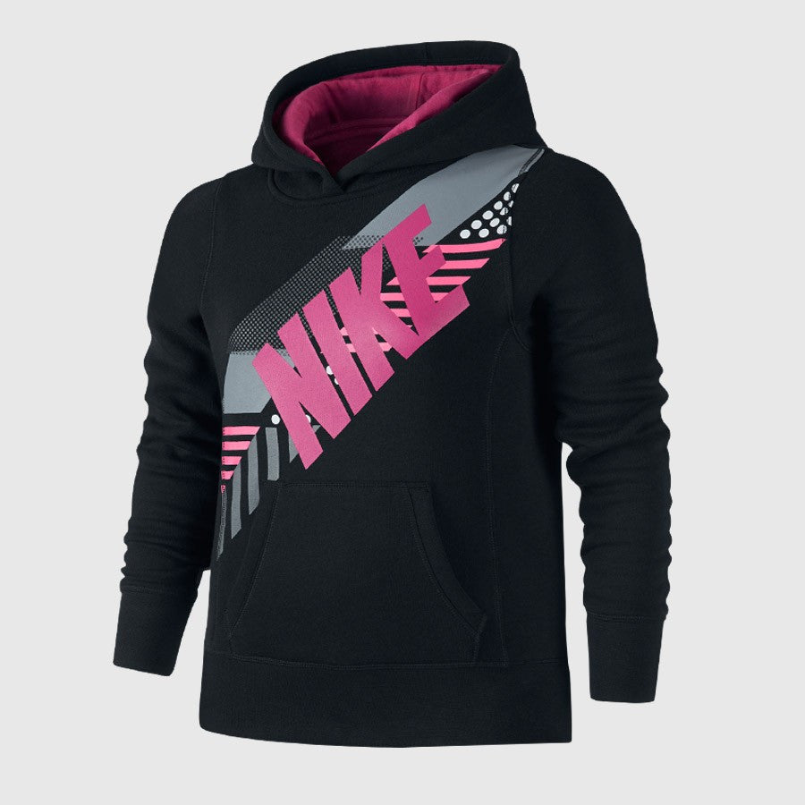 NIKE - GIRL’S GRADE SCHOOL FLEECED PULLOVER GRAPHIC HOODIE (BLACK | PINK)